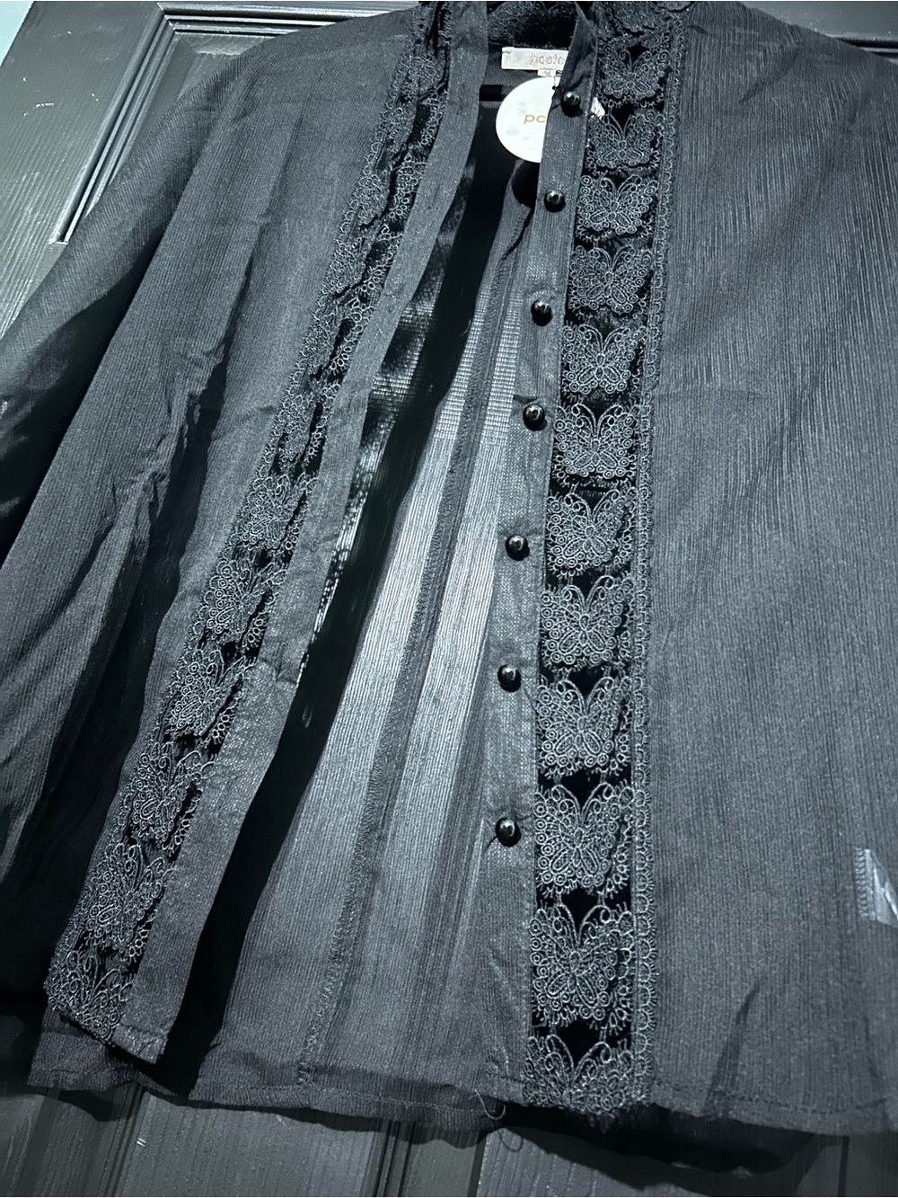 Pastels Black Sheer Lace-Trim Button Blouse